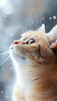 Cream colored cat looking up at falling snow with dreamy expression against blurred winter background, close-up portrait showing whiskers and soft fur detail.
