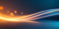 Abstract light trails with glowing orange and blue waves flowing across dark background, creating dynamic motion effect and bokeh elements. Suitable for tech backgrounds.