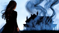 Mysterious silhouette of woman near haunted house with swirling smoke against blue moonlit sky, dark gothic fantasy scene with flowing hair and dress.