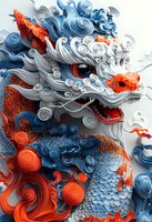 Artistic oriental dragon with intricate swirling patterns in blue, white and orange colors featuring detailed scales, fierce expression and traditional Asian mythological style.