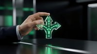 Business hand holding glowing green growth arrow symbol representing success, progress and financial development in modern corporate environment.