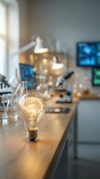 Glowing lightbulb with brain filament and digital icons on modern laboratory desk representing innovation, creativity and scientific research breakthrough.