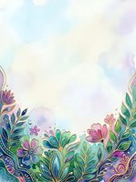 Colorful floral border with watercolor wash background, featuring hand-drawn flowers and leaves in pink, purple, blue and green tones. Isolated design element suitable for greeting cards, invitations, posters and social media graphics.