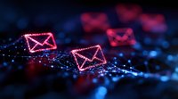 Glowing pink digital mail envelopes floating on dark background with network connections and particles. Modern communication concept for business designs.