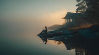 Silhouette of person sitting on rocky shore near cabin at misty lake during sunset, creating peaceful atmosphere for nature retreat.