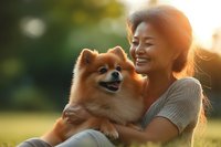 Senior Asian woman enjoying sunset moment with Pomeranian dog in park, genuine happiness and companionship captured in warm golden light.