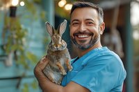 Happy veterinarian holding adorable rabbit in clinic. Professional pet care and animal health concept for medical services and compassionate treatment.