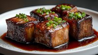 Glazed pork belly cubes with caramelized soy sauce and fresh green onions garnish served on white plate, close up view of Asian cuisine preparation.