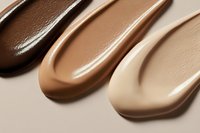 Smooth foundation swatches in different skin tone shades from dark to light brown and beige, showing creamy liquid makeup texture on neutral background.