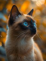 Siamese cat with striking blue eyes gazing upward against warm autumn bokeh background, close-up portrait showing distinctive seal point coloring and soft fur texture.