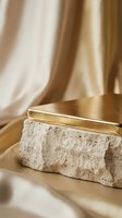 Elegant gold jewelry box resting on textured stone block with flowing silk fabric backdrop creating luxurious warm-toned display for premium accessories.