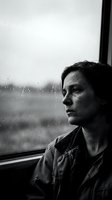Contemplative adult male with dark hair gazing through rain-covered window at overcast landscape, wearing casual dark jacket. Moody black and white portrait conveying solitude and introspection for editorial, mental health, or lifestyle projects.