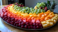 Colorful fresh fruit platter arranged in rainbow pattern with strawberries, cantaloupe, pineapple and green grapes served on large silver tray for party or catering event.