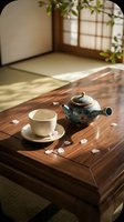 Traditional Japanese tea ceremony setup with ceramic teapot and cup on wooden table in tatami room with natural sunlight filtering through window.