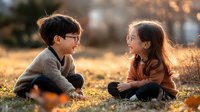 Asian children sitting on autumn grass at sunset, boy wearing glasses and girl in orange sweater share happy conversation amid golden hour lighting and fallen leaves.