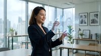 Young Asian businesswoman in black suit interacting with transparent digital screen displaying business analytics icons in modern office.
