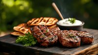 Juicy grilled beef steaks with fresh herbs and sour cream sauce served on wooden cutting board against dark background with bokeh effect.