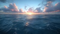 Dramatic ocean sunrise with pink clouds reflecting on rolling waves, sunlight breaking through cloudy sky over vast blue seascape, peaceful marine horizon view.