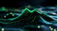 Glowing green and blue digital wave visualization with particle effects on dark background, abstract technology landscape for data analytics and AI concepts.