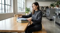 Young woman in casual dark clothing sitting at wooden table in modern laundromat with washing machines, folding clean laundry from wicker basket.