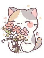 Adorable kawaii cat character holding spring flower bouquet in pastel colors, smiling with closed eyes. Simple cartoon style on white background.