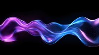 Glowing neon wave effect with purple and blue colors flowing on black background, sparkling particles creating dynamic motion trail for abstract design.