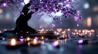 Mystical scene with glowing candles reflecting on water surface beneath blooming purple cherry blossom tree branches, creating dreamy bokeh light effects at dusk.
