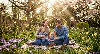 Happy family with baby and toddler enjoying spring picnic under blooming cherry blossom tree in sunny garden with purple flowers and warm golden light.