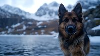 German Shepherd dog portrait at mountain lake with snowy peaks in background, dramatic winter landscape scene in moody blue tones at dusk.
