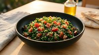 Tabbouleh salad with fresh parsley, tomatoes, and bulgur wheat in black bowl on wooden table with olive oil.