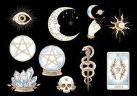 Mystical celestial and occult symbols collection isolated on transparent background, featuring sun, moon, eye, pentagram, crystal, snake, skull, and tarot card elements. Ready for t-shirt design, stickers, clipart, sublimation, and print-on-demand projects.