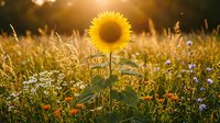 Bright sunflower standing tall in a wildflower meadow at golden hour, warm sunlight glowing through the field in summer.
