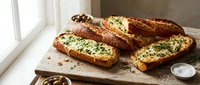 Freshly baked garlic bread slices with herbs and butter on wooden cutting board, homemade bakery food for dinner appetizer and Italian cuisine recipes.