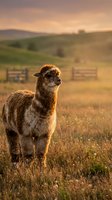 Alpaca standing in rural pasture at golden hour with rolling hills, wooden fences, and warm sunset lighting in background.