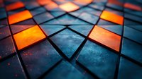 Abstract geometric pattern of orange glowing and dark blue metallic tiles creating dynamic perspective composition with light effects and reflective surface texture.
