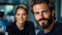 Caucasian bearded man and woman coworkers smiling in modern office environment with professional camera equipment, representing creative teamwork and media production.