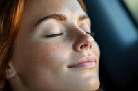 Young caucasian woman with freckles and closed eyes relaxing in natural sunlight, expressing serenity and mindfulness. Close up portrait showing peaceful facial features.