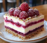 Layered raspberry cheesecake dessert with fresh berries on top, graham cracker crust, and creamy vanilla filling swirled with vibrant raspberry sauce on white plate.