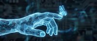 Digital wireframe hand reaching towards glowing butterfly in futuristic cyber space with network connections and technological elements.