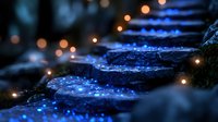 Magical stone pathway with glowing lights and sparkles creating enchanted forest atmosphere for fantasy designs and mystical backgrounds.