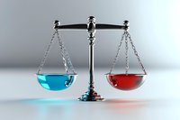 Balance scale with red and blue liquid in glass bowls showing equilibrium and comparison concept on light background with soft shadows and reflections.