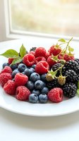 Fresh mixed berries on white plate with raspberries blueberries and blackberries garnished with mint leaves for healthy breakfast dessert or snack.
