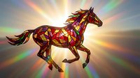 Stained glass horse galloping with colorful geometric patterns against radiant sunburst background for decorative art and spiritual designs.