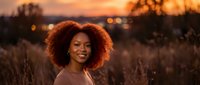 Young African American woman with curly afro hair smiling in golden hour field during sunset. Natural beauty portrait for lifestyle and wellness content.