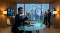 Businessman using holographic technology interface in modern office with city skyline view during corporate meeting presentation.