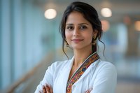 Young South Asian woman professional in white attire with traditional embroidered detail smiling confidently with arms crossed in modern office setting with bokeh background.