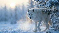 Majestic white wolf standing in snowy winter forest with frosted evergreen trees and soft morning light creating magical atmosphere for wildlife photography.