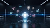 Digital marketing hologram with business icons floating above futuristic technology platform in dark modern space for corporate presentations.