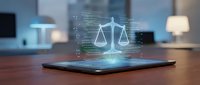 Legal technology concept with scales of justice hologram displayed on smartphone screen in modern office workspace for law firm services.