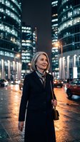 Confident mature businesswoman walking through illuminated city street at night with skyscrapers and urban lights creating atmospheric corporate scene.